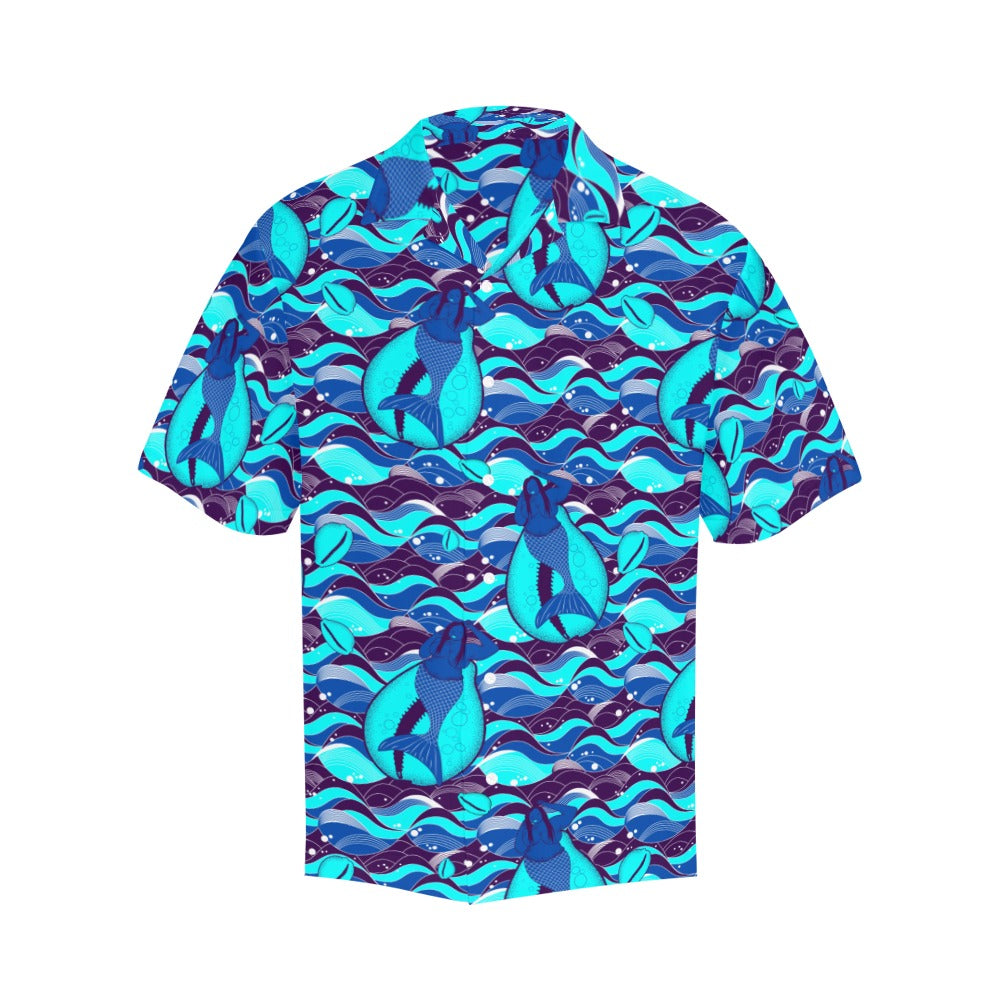 Fat Mermaids Make Waves Men's Fit Button Down Blue Hawaiian Shirt with Merged Design (Model T58)